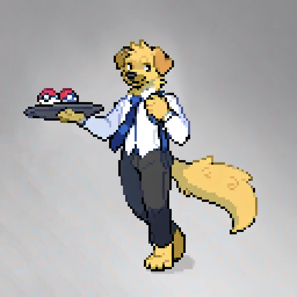 canid, canine, canis, mammal, mythological_canine, were, werecanid, werecanine, golden_retriever, dog, yellow_body, yellow_fur, black_nose, serving_tray, holding_serving_tray, pokéballs_on_tray, white_suit, black_pants, blue_tie, male, fingers, fluffy, fluffy_tail, fur, thin_anthro, full_body, solo, digital_media_(artwork), hi_res, masterpiece,