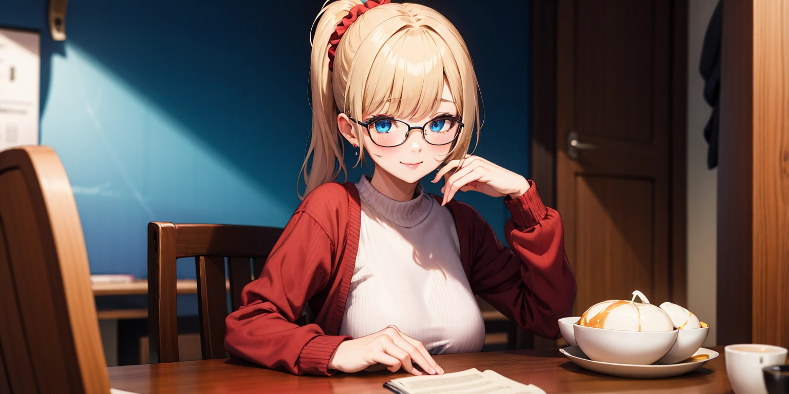 anatomically correct, best quality, masterpiece, high quality, high details, highres, HD, (shaded face:1.2), hollow eyes, dark-blue eyes, looking at viewer, seductive smile, glasses, lips, aihayasakav4, blonde hair, side ponytail, scrunchie, solo, blurry, 1girl, depth_of_field, earrings, blurry_background, breasts, jewelry, bookshelf, red_eyes, indoors, table, sweater, solo, large_breasts, looking_at_viewer, blurry_foreground, long_sleeves, closed_mouth, bangs, blush, pantyhose, hand_on_own_cheek, sidelocks, breast_rest, ribbed_sweater, apunto de exlotar, muy ajustado, se marcan los pezones, bang ,la tetas apretadas, muy ajustada, tetas emormes , ropa miy apretada