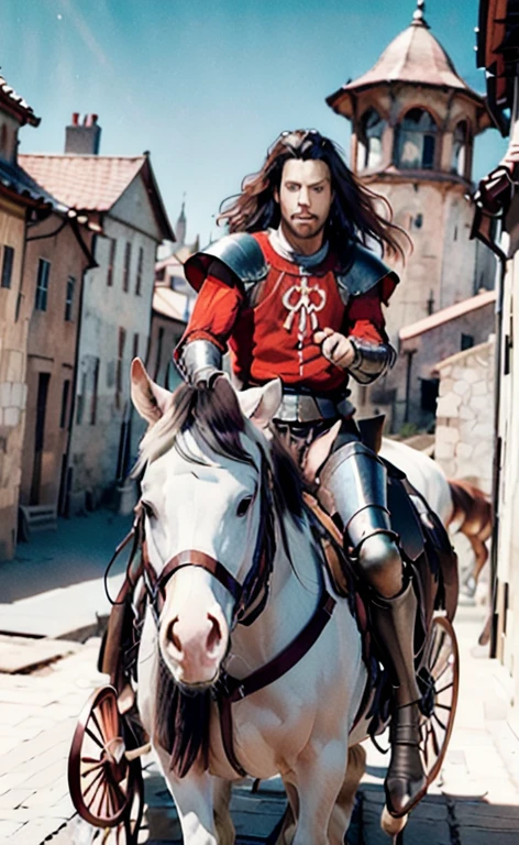 realist, (Masterpiece, Superior quality, Best Quality, Official Art, beautiful and aesthetic:1.2), a man with long hair wearing medieval armor and riding a horse