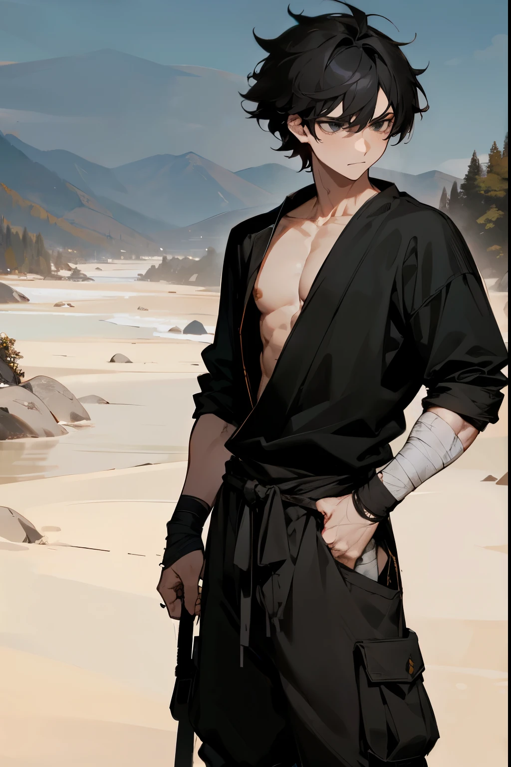 1male , Black Hair , Messy Hair , Low Cut Hair , Serious Expression , Young Male , Black Fitted Shirt , Fully Bandage Wrapped Arm , Sandals , Perfect Generation , Black Eyes , Mountain background , Cargo Shorts , Grey Leg Sleeves , Standing on path , Ninja clothinf