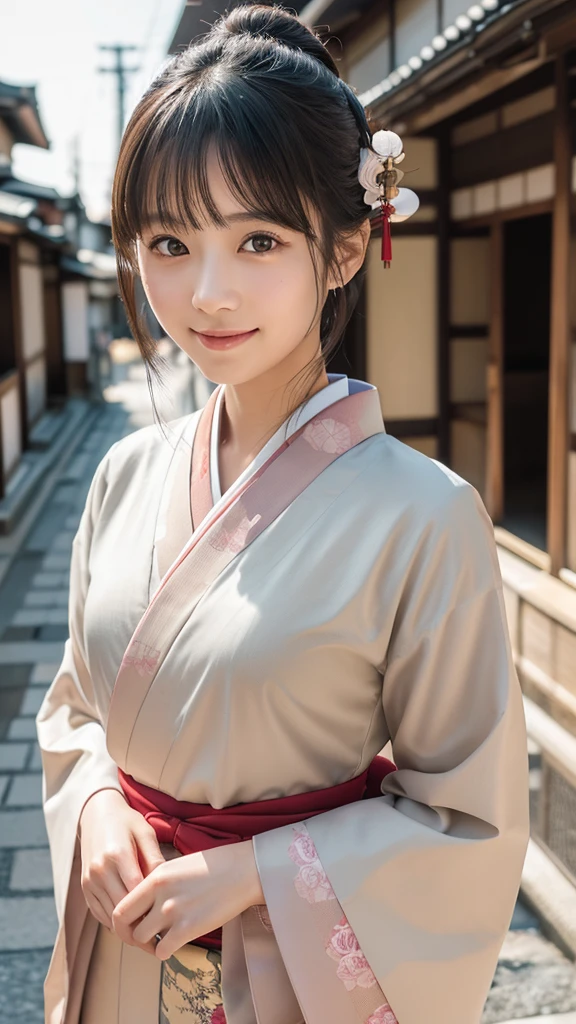 professional lighting,(Photoreal:1.4), (Top image quality:1.0), (超A high resolution:1.0), 8K, Raw photography, (masterpiece:0.2), (Face the children_v1:0.5)、(highest quality Detail:1.2)、realistic、8K UHD、High resolution、(1 girl:1.2)、Super detailed、High quality textures、intricate details、detailed、Very detailed CG、High quality shadows、detailed Beautiful and delicate face、Beautiful details and delicate eyes、(symmetrical eyes:1.2),Depth of the bounds written、ray tracing,1 girl, japanese girl, (natural smile:1.4),cute, thin, Portrait of a beautiful Japanese woman wearing a kimono, Standing elegantly on a street corner in Kyoto. A kimono with bright traditional patterns, Hair decorated with an elegant and delicate hairpin, and a gentle expression. (Against the backdrop of the old streets of Kyoto:1.4)、soft light on a spring afternoon、adds tranquility to the scene. Rendered in a realistic style with great attention to detail, High resolution images.sky porn, magic hour, (realistic:1.3), finely, quality, (table top:1.2), (realistic:1.2), (highest quality), (Complex details), dramatic, ray tracing, photograph, +roller