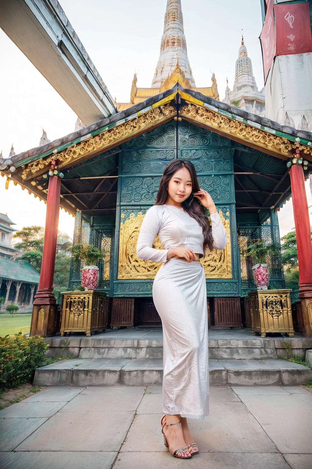 arafed asian woman in a satin dress standing in front of a crowd, (((full body view:2))), ((pretty lady MoonLay:1.2)), (pretty lady MoonLay), ((((pretty lady MoonLay's innocent cute face and cute small smile:1.3)))), ((perfect pose for photography:1.2)), (random people walking), ((wearing Myanmar traditional elegant and stylish affair:1.2)), ((super curvy and wide buttock)), ((white top dress:1.4)), ((red satin long skirt:1.5)), ((blue sandal high heel)), south east asian with square face, traditional beauty, beautiful asian girl, anime thai girl, a young beautiful asian woman, (((photorealistic background))), ((in a park with Myanmar temple and pagoda at far background:1.5)), (((evening lighting with golden sunlight1.5))), (cinematic enhance HDR portrait lighting, perfect anatomy, cannon mark v, DSLR quality, (perfect anatomy:1.2), (perfect toes:1.2),