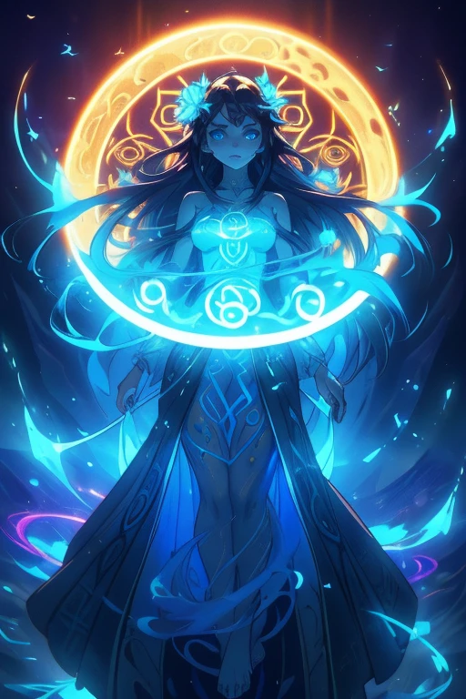 Full body.  Enchanted witch encountering an alien life form, Magic ghost flower from the abyss, Lit by bioluminescent plants, Very detailed, Glowing lawn, Art Nouveau influences, Amazing moon art.  (Hair with luminescence), (detailed pearl blue eye), goddess soul, (Magic Swirl Style), looking at the viewer, detailed face, bare feet.  Wide and deep scenery, several planes of depth, cinematic and dynamic scene, epic atmosphere.  (Luminescent Lighting Magic Circle Theme), perched on a ledge, tight neon body, light stripes, dark abyssal wanderer, (Luminescent Neon Long Dress with Celtic Details), inscribed with mystical runes, dystopian outdoor background.