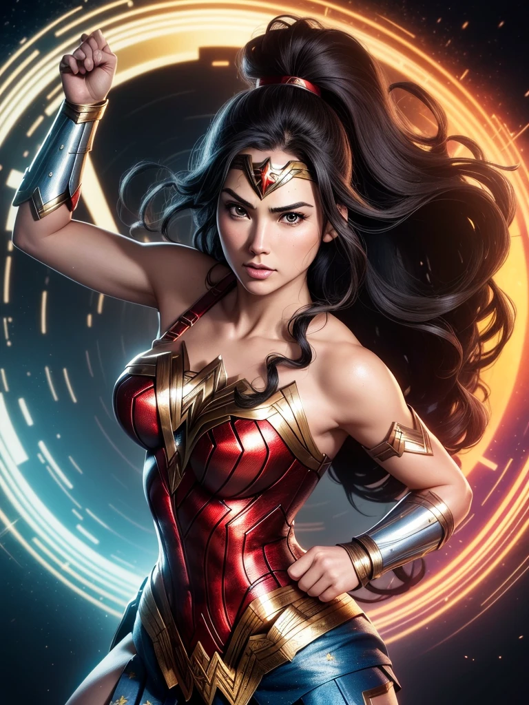 Wonder Woman, TM Samurai, intricate face details, poster style, icons, vibrant colors, vector style, digital art, 4K, intricate details, mesmerizing, professionally made, beautiful vector illustration, 12K resolution, 3D, all characters in detailed full body, highly detailed, vibrant, ultra high quality, Hyperrealism, Photorealism, octane render]