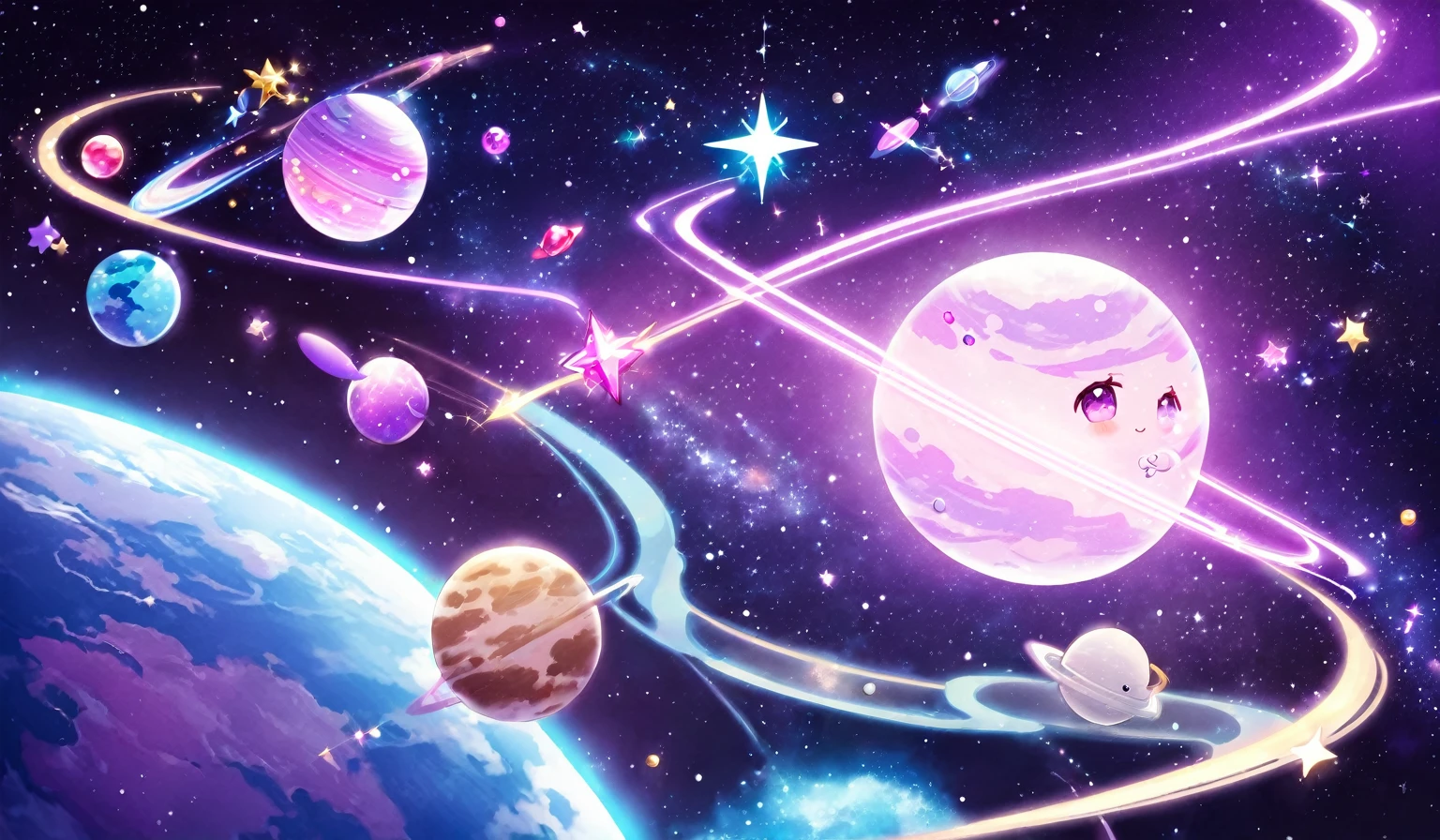kawaii, no humans, sparkle, gem, orb, space, planet, purple tint,


