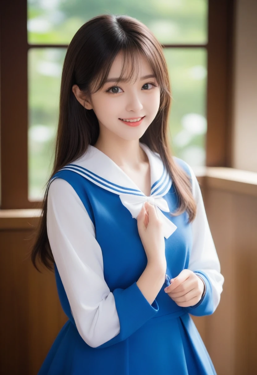 8K, Ultra-high resolution, Highest quality, masterpiece, 三分割法によるphotograph,Surreal, photograph, 1 girl, (16 years old:1.3), pretty girl, Cute face, Beautiful eyes in every detail, 細かくdetailedに,masterpiece,, One Girl:1.2, Japan Female Announcer,whole body,((detailedな布の質感, Cute long-sleeved blue sailor suit, Blue pleated skirt, White sailor collar)), (Beautiful views), Daytime, (School), Are standing, (Cute smile, Open your mouth), ,A carefree smile,Healing the heart,short hair,Looking at the audience、beauty,Long neck、Laugh a little、Please close your mouth and laugh、(((Ideal body type))),A-cup small breasts :2,、Portraiture:2、Perfect Anatomy、鮮明なdetailed、detailed、Surreal、Light and shadow,Strong light