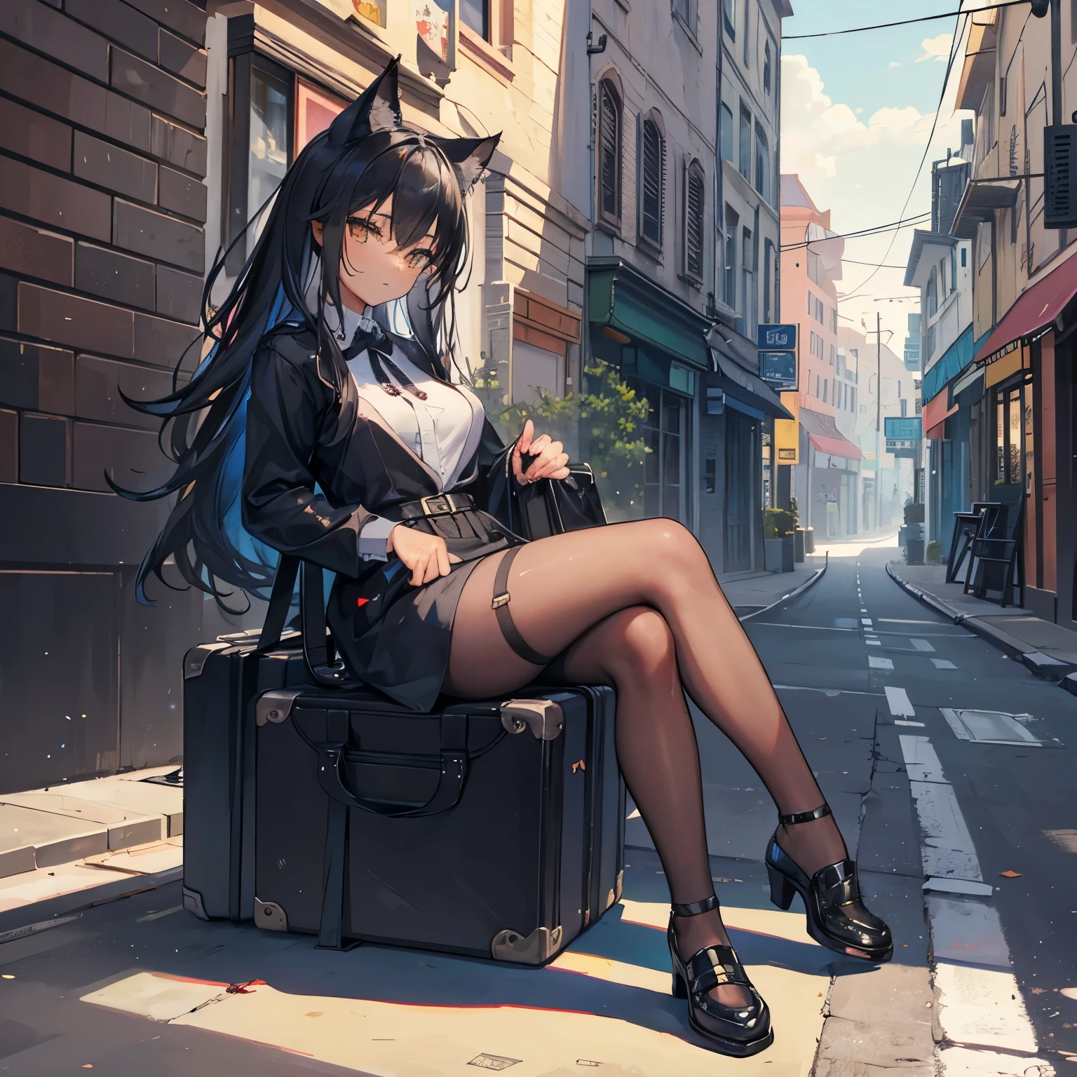 Best quality,masterpiece, A young furry black cat woman in old clothes is sitting on a battered suitcase in the street