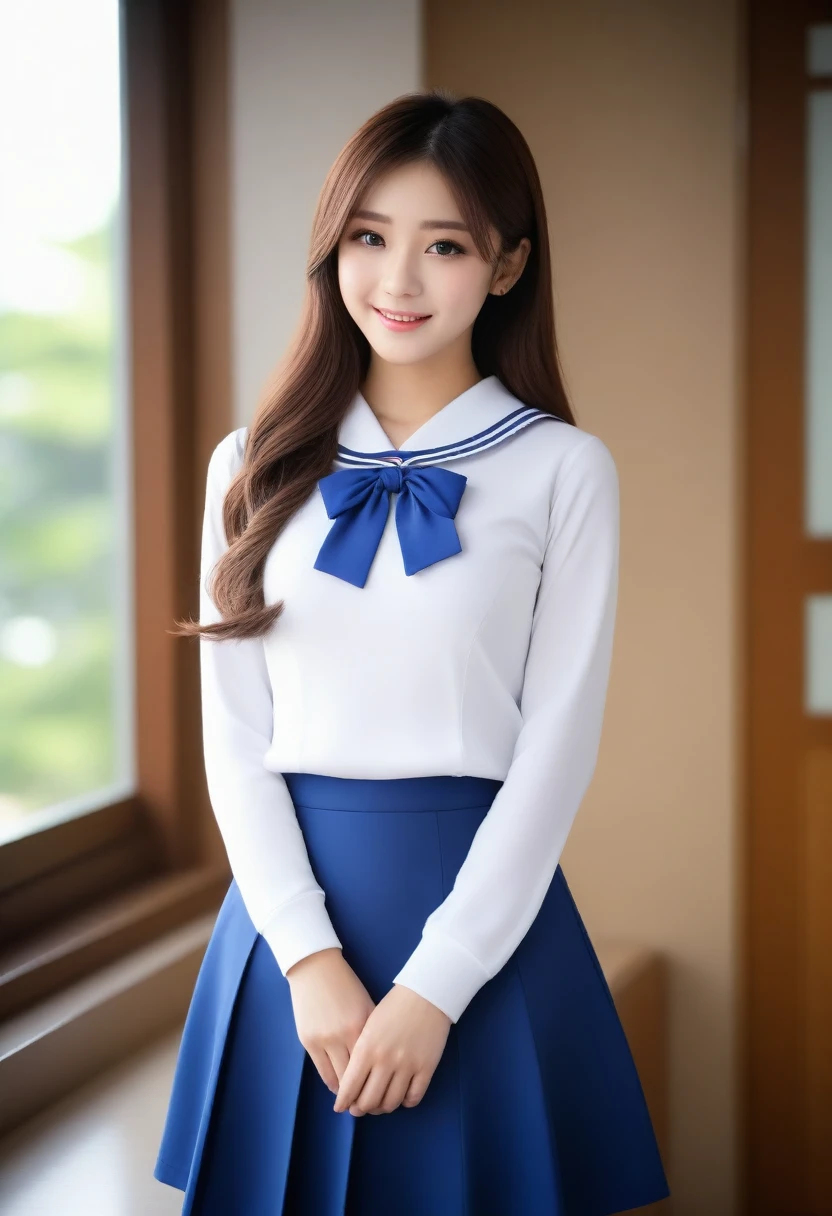 8K, Ultra-high resolution, Highest quality, masterpiece, 三分割法によるphotograph,Surreal, photograph, 1 girl, (:1.3), pretty girl, Cute face, Beautiful eyes in every detail, 細かくdetailedに,masterpiece,, One Girl:1.2, Japan Female Announcer,whole body,((detailedな布の質感, Cute long-sleeved blue sailor suit, Blue pleated skirt, White sailor collar)), (Beautiful views), Daytime, (School), Are standing, (Cute smile, Open your mouth), ,A carefree smile,Healing the heart,short hair,Looking at the audience、beauty,Long neck、Laugh a little、Please close your mouth and laugh、(((Ideal body type))),A-cup small breasts :2,、Portraiture:2、Perfect Anatomy、鮮明なdetailed、detailed、Surreal、Light and shadow,Strong light