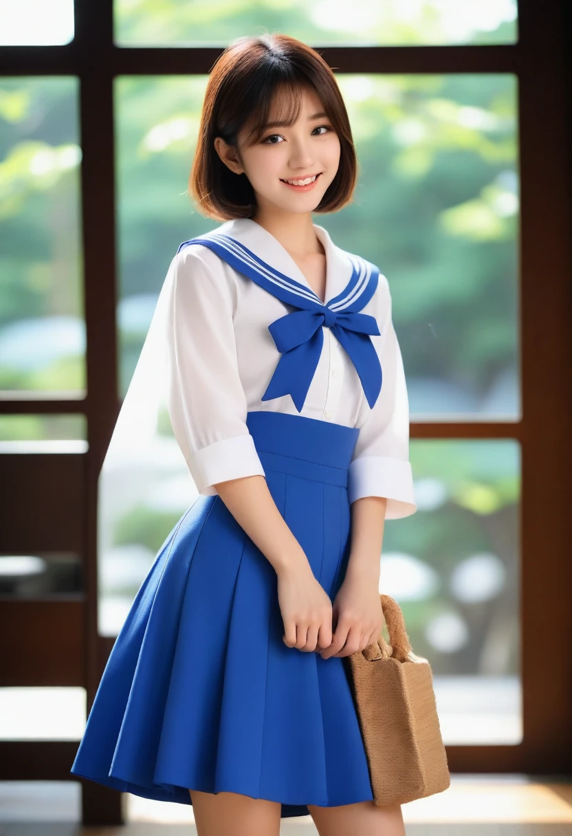 8K, Ultra-high resolution, Highest quality, masterpiece, 三分割法によるphotograph,Surreal, photograph, 1 girl, (16 years old:1.3), pretty girl, Cute face, Beautiful eyes in every detail, 細かくdetailedに,masterpiece,, One Girl:1.2, Japan Female Announcer,whole body,((detailedな布の質感, Cute long-sleeved blue sailor suit, Blue pleated skirt, White sailor collar)), (Beautiful views), Daytime, (School), Are standing, (Cute smile, Open your mouth), ,A carefree smile,Healing the heart,short hair,Looking at the audience、beauty,Long neck、Laugh a little、Please close your mouth and laugh、(((Ideal body type))),A-cup small breasts :2,、Portraiture:2、Perfect Anatomy、鮮明なdetailed、detailed、Surreal、Light and shadow,Strong light