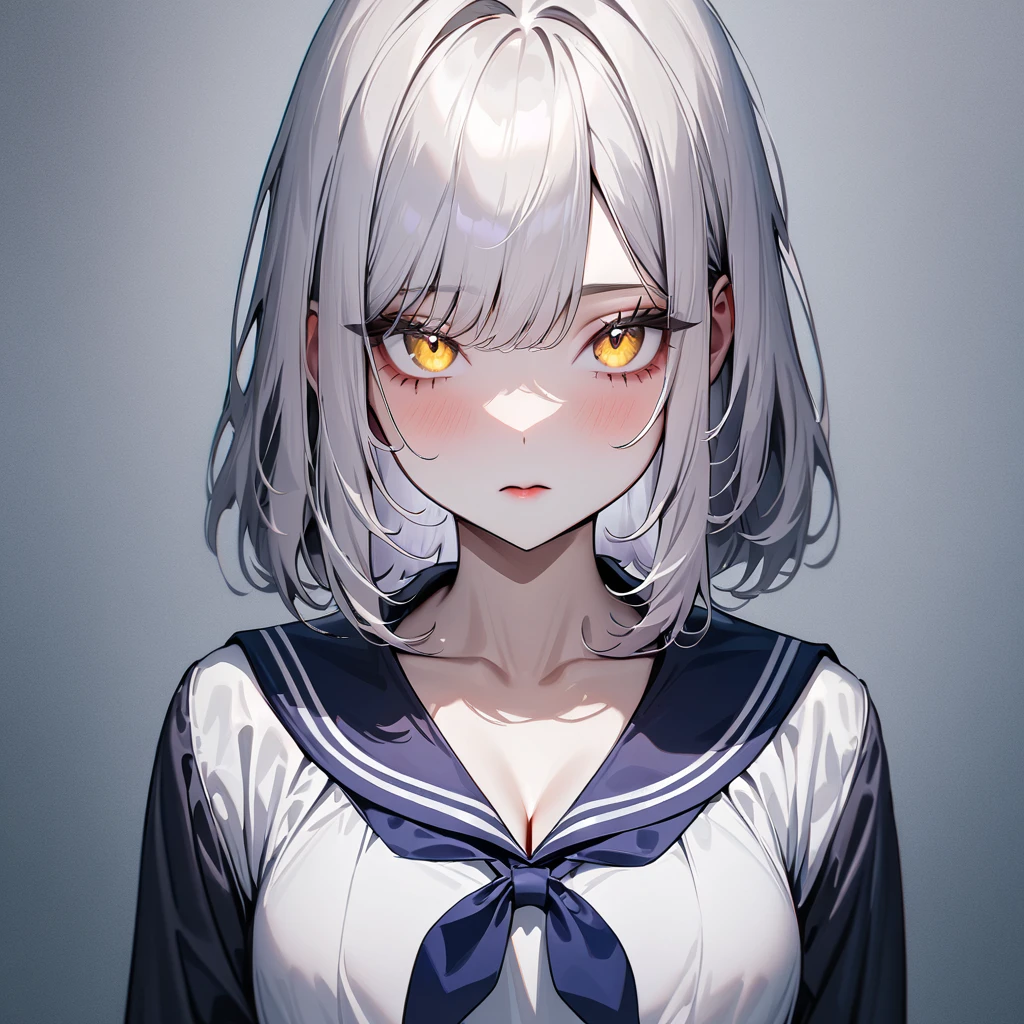 girl,Pale Hair,Yellow Eyes,Pale eyes,masterpiece,Highest quality,so beautiful,Absurd,(Front view),(Purple),(chest),Dark Blue,(Sailor shirt), Cleavage