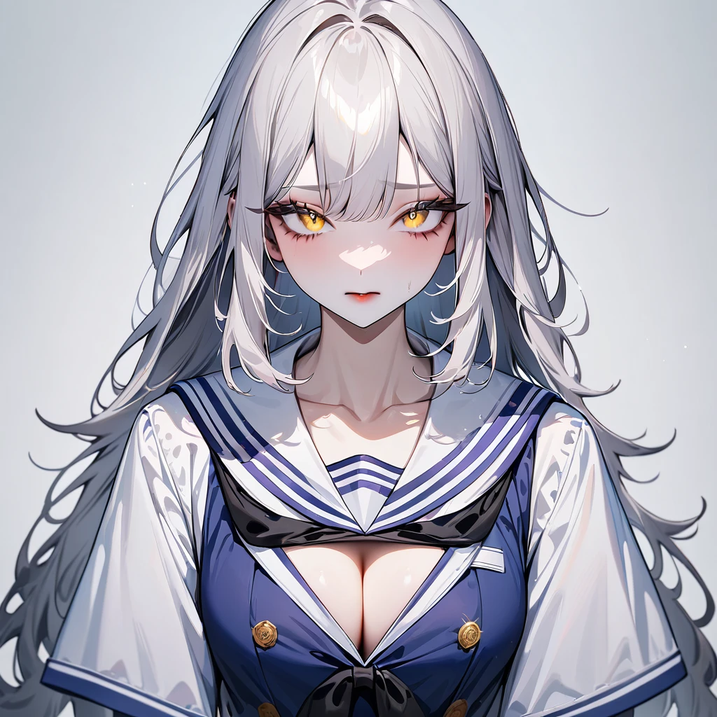 girl,Pale Hair,Yellow Eyes,Pale eyes,masterpiece,Highest quality,so beautiful,Absurd,(Front view),(Purple),(chest),Dark Blue,(Sailor shirt), Cleavage