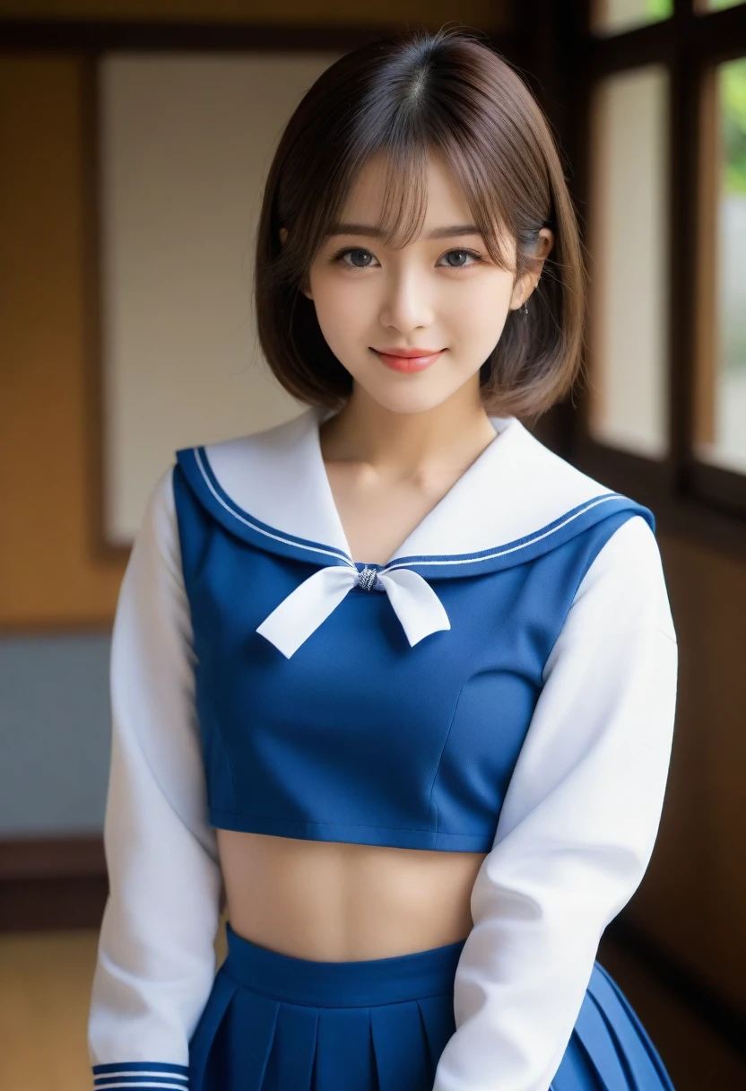 8K, Ultra-high resolution, Highest quality, masterpiece, 三分割法によるphotograph,Surreal, photograph, 1 girl, (16 years old:1.3), pretty girl, Cute face, Beautiful eyes in every detail, 細かくdetailedに,masterpiece,, One Girl:1.2, Japan Female Announcer,whole body,((detailedな布の質感, Cute long-sleeved blue sailor suit, Blue pleated skirt, White sailor collar)), (Beautiful views), Daytime, (School), Are standing, (Cute smile, Open your mouth), ,A carefree smile,Healing the heart,short hair,Looking at the audience、beauty,Long neck、Laugh a little、Please close your mouth and laugh、(((Ideal body type))),A-cup small breasts :2,、Portraiture:2、Perfect Anatomy、鮮明なdetailed、detailed、Surreal、Light and shadow,Strong light