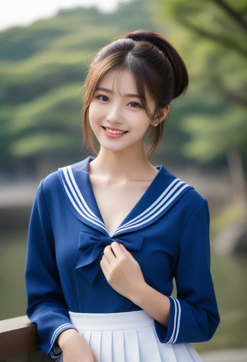 8K, Ultra-high resolution, Highest quality, masterpiece, 三分割法によるphotograph,Surreal, photograph, 1 girl, (16 years old:1.3), pretty girl, Cute face, Beautiful eyes in every detail, 細かくdetailedに,masterpiece,, One Girl:1.2, Japan Female Announcer,whole body,((detailedな布の質感, Cute long-sleeved blue sailor suit, Blue pleated skirt, White sailor collar)), (Beautiful views), Daytime, (School), Are standing, (Cute smile, Open your mouth), ,A carefree smile,Healing the heart,short hair,Looking at the audience、beauty,Long neck、Laugh a little、Please close your mouth and laugh、(((Ideal body type))),A-cup small breasts :2,、Portraiture:2、Perfect Anatomy、鮮明なdetailed、detailed、Surreal、Light and shadow,Strong light
