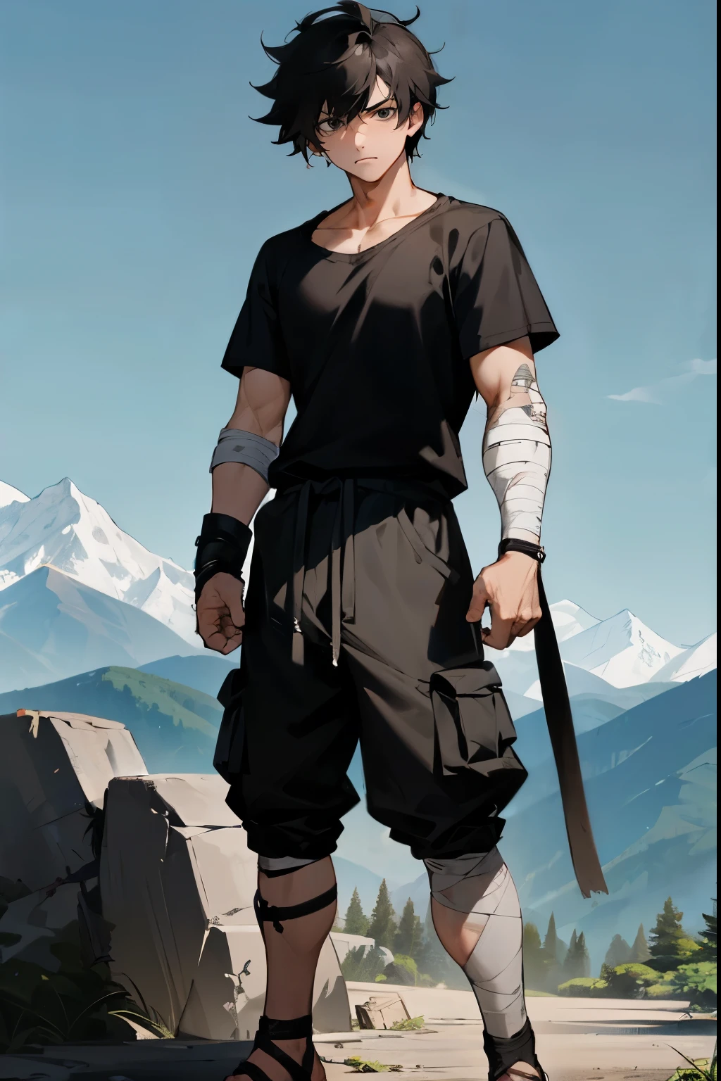 1male , Black Hair , Messy Hair , Low Cut Hair , Serious Expression , Young Male , Black Fitted T-Shirt , Fully Bandage Wrapped Arm , Sandals , Perfect Generation , Black Eyes , Mountain background , Cargo Shorts , Grey Leg Sleeves , Standing on path , Ninja clothinf