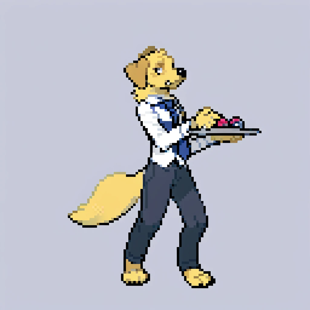 canid, canine, canis, mammal, mythological_canine, were, werecanid, werecanine, golden_retriever, dog, yellow_body, yellow_fur, black_nose, serving_tray, holding_serving_tray, pokéballs_on_tray, white_suit, black_pants, blue_tie, male, fingers, fluffy, fluffy_tail, fur, thin_anthro, full_body, solo, digital_media_(artwork), hi_res, masterpiece,