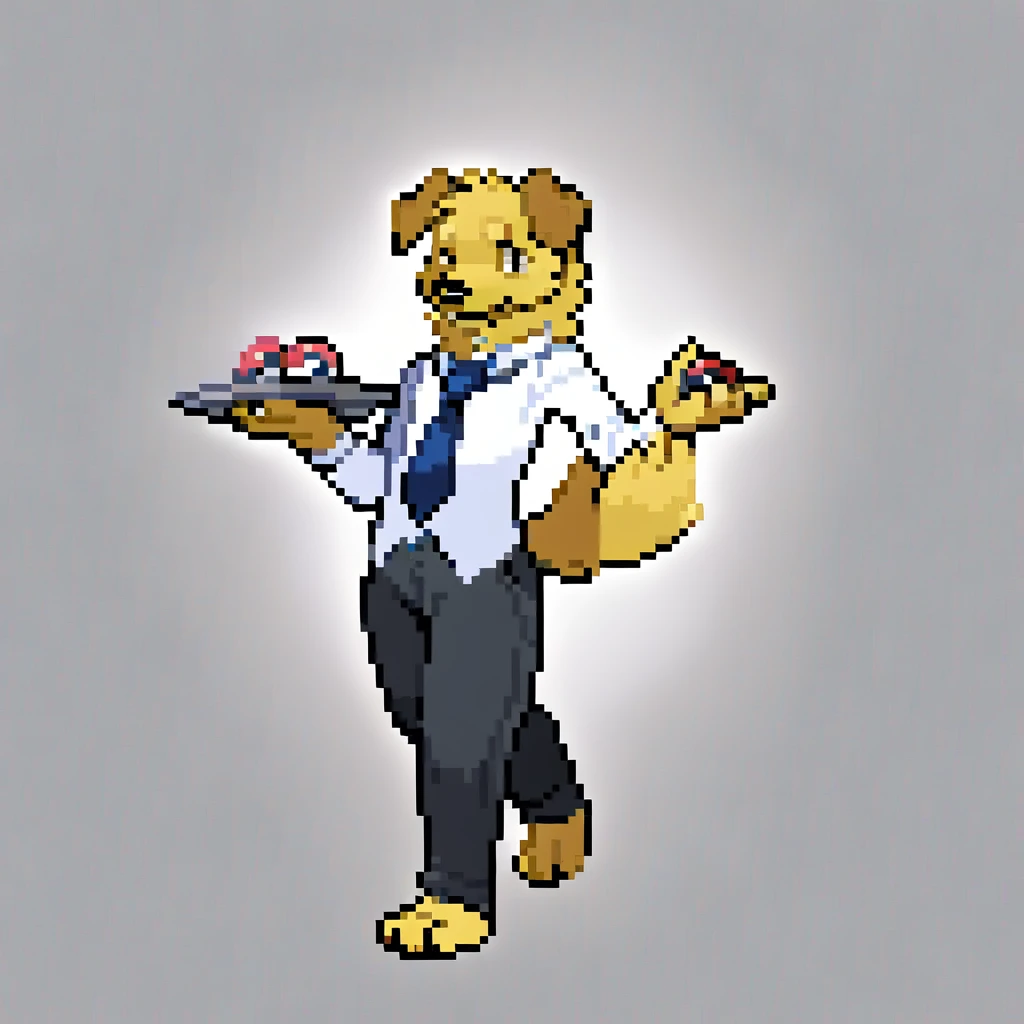 canid, canine, canis, mammal, mythological_canine, were, werecanid, werecanine, golden_retriever, dog, yellow_body, yellow_fur, black_nose, serving_tray, holding_serving_tray, pokéballs_on_tray, white_suit, black_pants, blue_tie, male, fingers, fluffy, fluffy_tail, fur, thin_anthro, full_body, solo, digital_media_(artwork), hi_res, masterpiece,