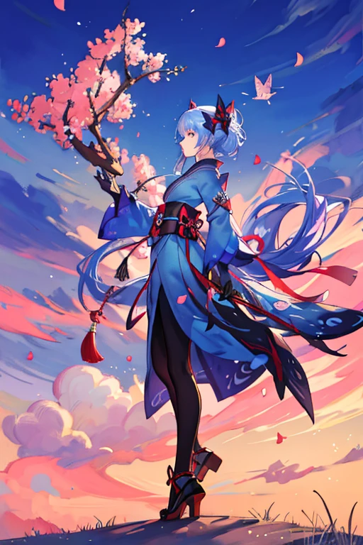 (luxury masterpiece), (highest quality), (dramatic)
Colorful smoke, spring, cherry blossom petals, beautiful butterflies, a girl, ninja, wearing a beautiful kimono, comic style, anime style illustration, delicate details, cool, cute, blue sky colored hair, beautiful features , shiny hair, hair tied with a red ribbon, shuriken, front view, combat stance, throwing shuriken, watercolor painting, colorful, glitter, rays of light, brush art, blue eyes, watercolor background Clouds, standing on the tree, overlooking the city, water dragon flying, scattered with bright colors