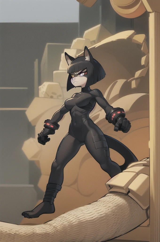 Original Character, (finely best quality illustration:1.1), (1girl, solo:1.1), (black short hair:1.1), (masterpiece, ultra high quality), (standing on two legs), (dog legs), (sneaking suit outfit), (Naked Snake Metal Gear Solid 3 outfit) (full body visible), (1girl), (solo), (female focus), elf ears, (snake-dog hybrid-cross-girl), (Messy pixie cut with hair covering face), (big eyebrows), (angry eyes), (long furry and scaly tail) (Cute anime snake eyes), (limbless female body) Dog-Snake hybrid beastman, orange pupils, Black hair, Furry, (1 girl), (angry eyes), (furry and scaly body)