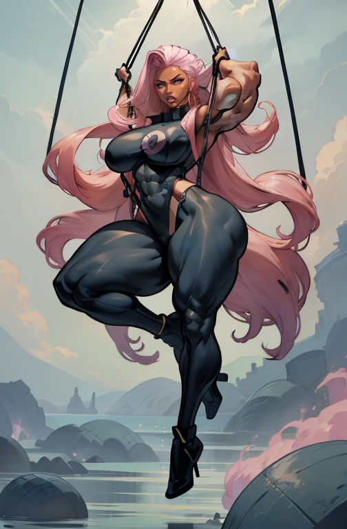 grey background, solo, 1 girl, bodysuit with straps, very long hair, pink hair, angry, brown eyes, earrings ((hanging breasts: 1.6)), ((thick thighs)), (full body), dark skin, storm from x-men, ((((huge muscles))))