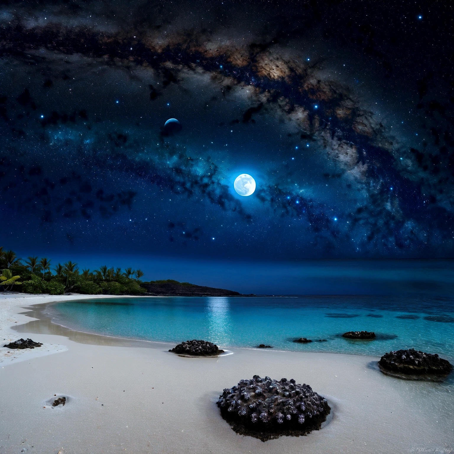 crystal clear lagoon, coral reefs. blue moon, moon luminism, starry sky dotted with nebulae and cosmic dust, a beach stretching towards the horizon, Realism, complex background, highly detailed intricated, night, very crystal-clear water, turquoise blue sea, small waves, bioluminescent aquatic fauna, dreamy, fantasy, unforgettable, unique experience, romantic, serene, not sun, soft light