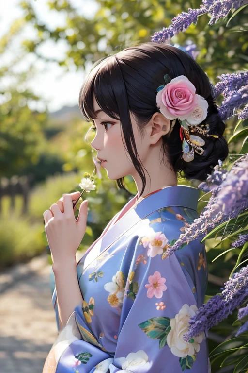 Blooming lavender,Lavender hair accessory,Pink floral print kimono,Don'Increase your hands