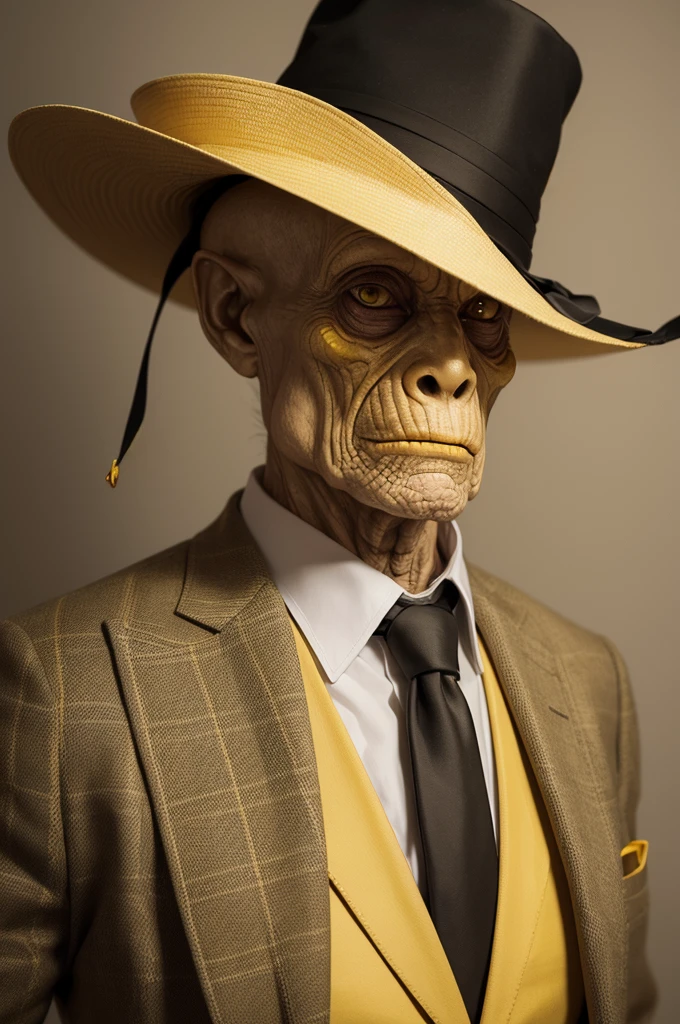 old humanoid with wrinkled face and yellow reptilian eyes, hat suit is tie.