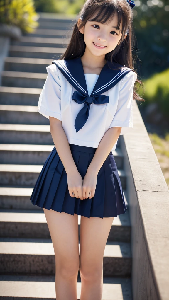 8k UHD、Digital single-lens reflex camera、High resolution、shallow depth of field、Natural light、(((sailor suit)))、(((Dark blue super mini skirt)))、(((full body shot)))、small person、(((young face)))、1 Japanese girl、; beautiful girl、(black hair)、(((brown eyes)))、Glossy skin、smooth thin hair、long hair、detailed background、highly detailed eyes and face、clear eyes、cute smile、Calm atmosphere、(((climb the stairs)))、(((detailed small breasts)))、(((beautiful eyes)))、petya pie、children `s、 thighs)))、(((white panties)))、(((angle from below) ))、(((detailed lips)))、(((The skirt is fluttering)))、beautiful shining legs、((nsfw))