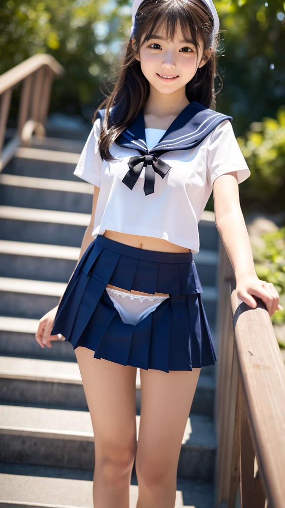 8k UHD、Digital single-lens reflex camera、High resolution、shallow depth of field、Natural light、(((sailor suit)))、(((Dark blue super mini skirt)))、(((full body shot)))、small person、(((young face)))、1 Japanese girl、; beautiful girl、(black hair)、(((brown eyes)))、Glossy skin、smooth thin hair、long hair、detailed background、highly detailed eyes and face、clear eyes、cute smile、Calm atmosphere、(((climb the stairs)))、(((detailed small breasts)))、(iful eyes)))、petya pie、children `s、(((tighghs)))、(((white panties)))、(((angle from ))、(((detailed lips)))、(((The skirt is fluttering)))、beautiful shining legs、((nsfw))