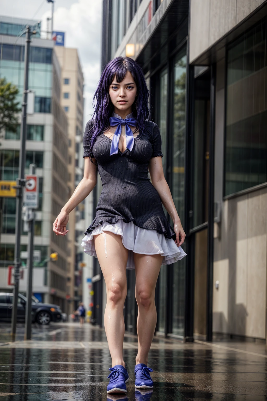 (masterpiece),best quality, frederica bernkastel,dress, tail bow, cat tail, bowtie, purple eyes, purple hair,mary janes, socks, blank eyes, empty eyes, (raining day:1.2), cloud, street, sidewalk, wet clothes, photorealistic, ((16k photography)), detailed face, ((Best Quality, Masterpiece: 1.3)), Sharp Focus: 1.2, A Beautiful Woman with Perfect Figure: 1.4, Slim Abs: 1.2, (Layered Hairstyle,: 1.2)), Rain: 1.3, Street: 1.2, Wet Body: 1.1, Highly Detailed Face and Skin Texture, Detailed Eyes, Double Eyelids, Big Breasts, Smile, irene1, CGI photography hyper realistic