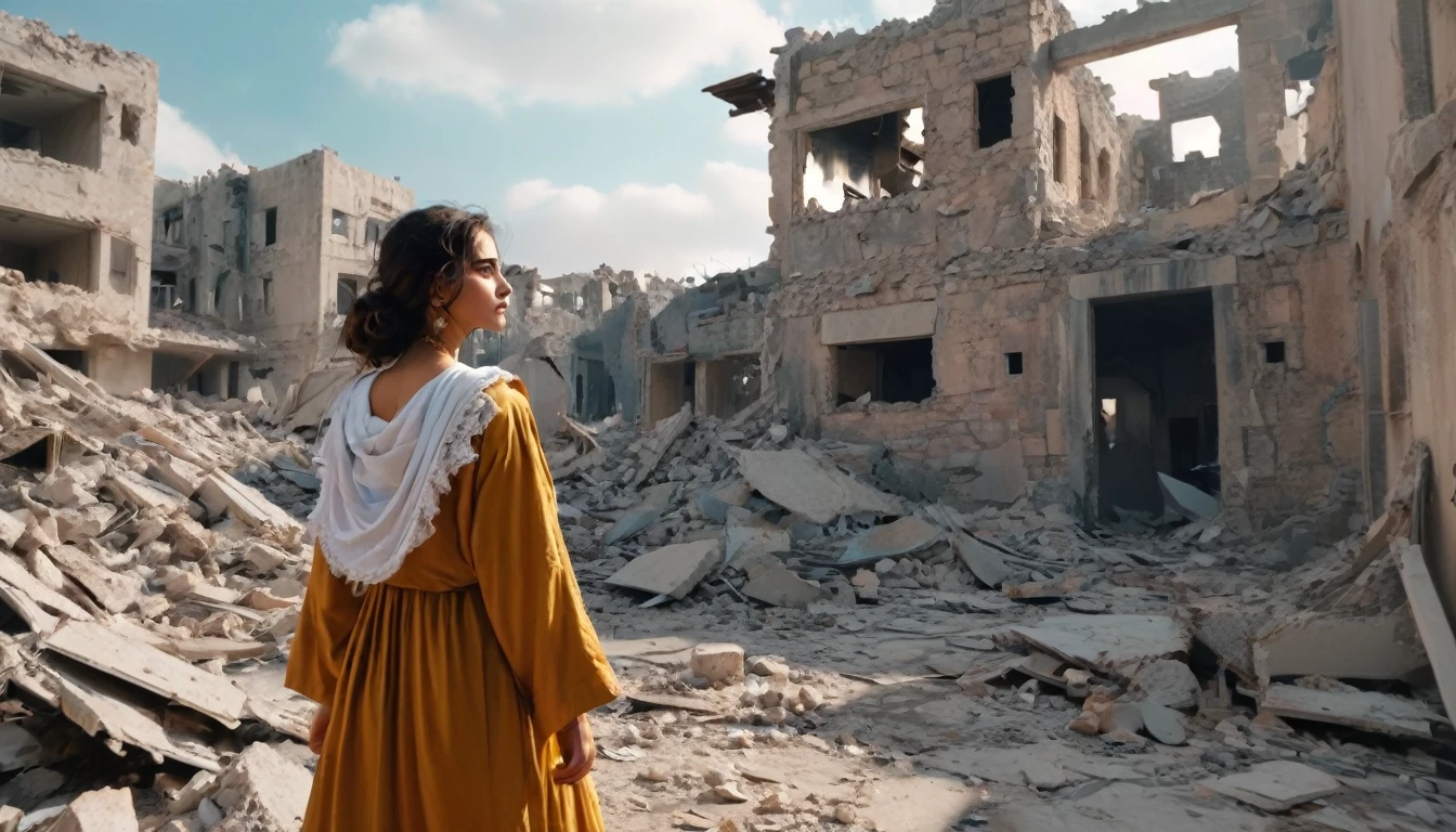 Design a heartfelt cover for a song cover on your youtube channel, featuring a young Palestinian with expressive eyes full of tears, wearing shabby traditional clothing. The background should be the ruins of a destroyed war-torn building. (detail, focus, realistic, 8k)
