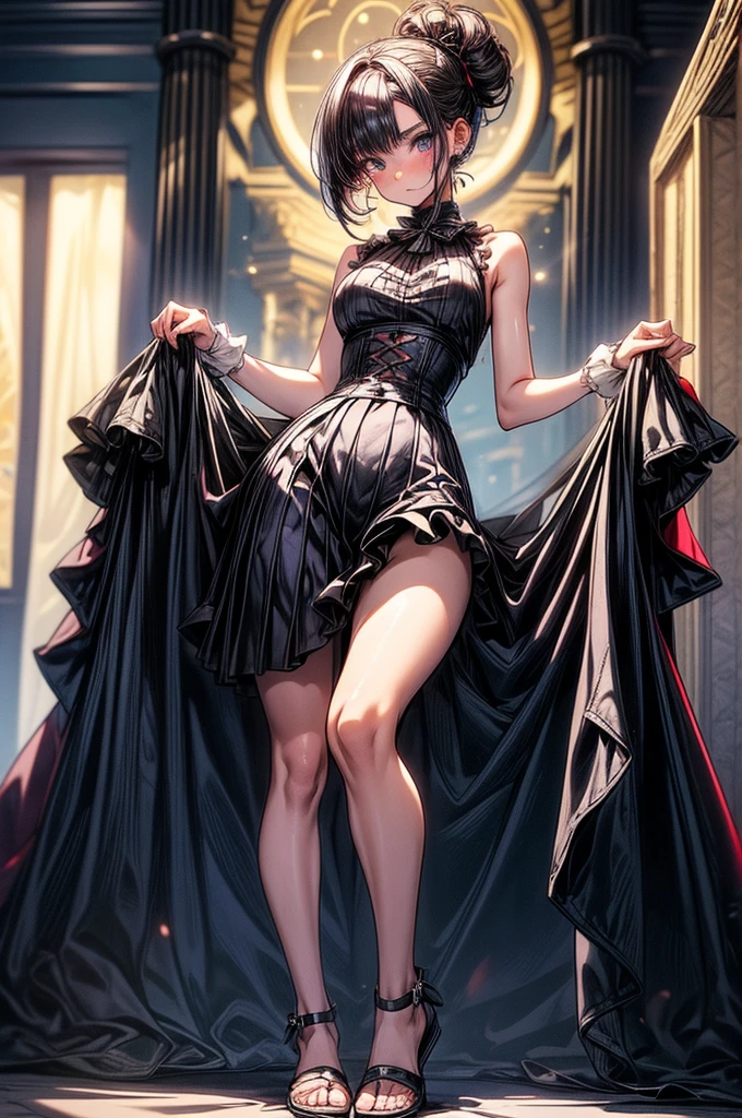 beautiful young anime girl, , oval face, slender and toned hourglass body shape, sharp and noble facial features, arrogant and disdainful expression, classy opulent bedroom, sleeveless gothic white ruffled blouse, gothic pleated A-line mini-skirt flaring out behind her, tanned white skin, plump cherry pink lips, thin eyebrows, big round violet-colored eyes, sleek short sleek dark-violet hair with American Pixie cut and small bangs covering her forehead, narrow waist, small wide curvy hips protruding to large perky round ass, sandals, modest C-cup breast size, tall 175cm, full body image, standing straight, looking at camera, hip level shot, huge European castle background, best quality