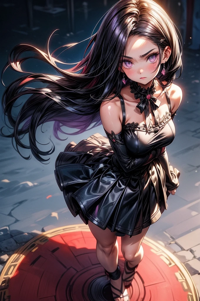 beautiful young anime girl, 16 years old, oval face, slender and toned hourglass body shape, sharp and noble facial features, arrogant and disdainful expression, classy opulent bedroom, sleeveless gothic white ruffled blouse, gothic pleated A-line mini-skirt flaring out behind her, tanned white skin, plump cherry pink lips, thin eyebrows, big round violet-colored eyes, sleek short sleek dark-violet hair with American Pixie cut and small bangs covering her forehead, narrow waist, small wide curvy hips protruding to large perky round ass, sandals, modest C-cup breast size, tall 175cm, full body image, standing straight, looking at camera, hip level shot, huge European castle background, best quality