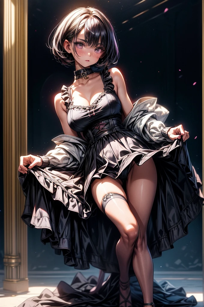 beautiful young anime girl, 16 years old, oval face, slender and toned hourglass body shape, sharp and noble facial features, arrogant and disdainful expression, classy opulent bedroom, sleeveless gothic white ruffled blouse, gothic pleated A-line mini-skirt flaring out behind her, tanned white skin, plump cherry pink lips, thin eyebrows, big round violet-colored eyes, sleek short sleek dark-violet hair with American Pixie cut and small bangs covering her forehead, narrow waist, small wide curvy hips protruding to large perky round ass, sandals, modest C-cup breast size, tall 175cm, full body image, standing straight, looking at camera, hip level shot, huge European castle background, best quality