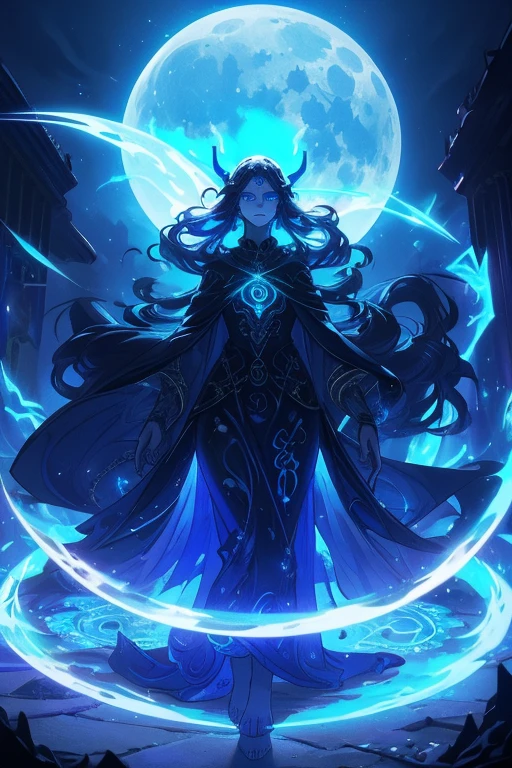 Full body.  Enchanted witch encountering an alien life form, Magic ghost flower from the abyss, Lit by bioluminescent plants, Very detailed, Glowing lawn, Art Nouveau influences, Amazing moon art.  (Hair with luminescence), (detailed pearl blue eye), goddess soul, (Magic Swirl Style), looking at the viewer, detailed face, bare feet.  Wide and deep scenery, several planes of depth, cinematic and dynamic scene, epic atmosphere.  (Luminescent Lighting Magic Circle Theme), perched on a ledge, tight neon body, light stripes, dark abyssal wanderer, (Luminescent Neon Long Dress with Celtic Details), inscribed with mystical runes, dystopian outdoor background.