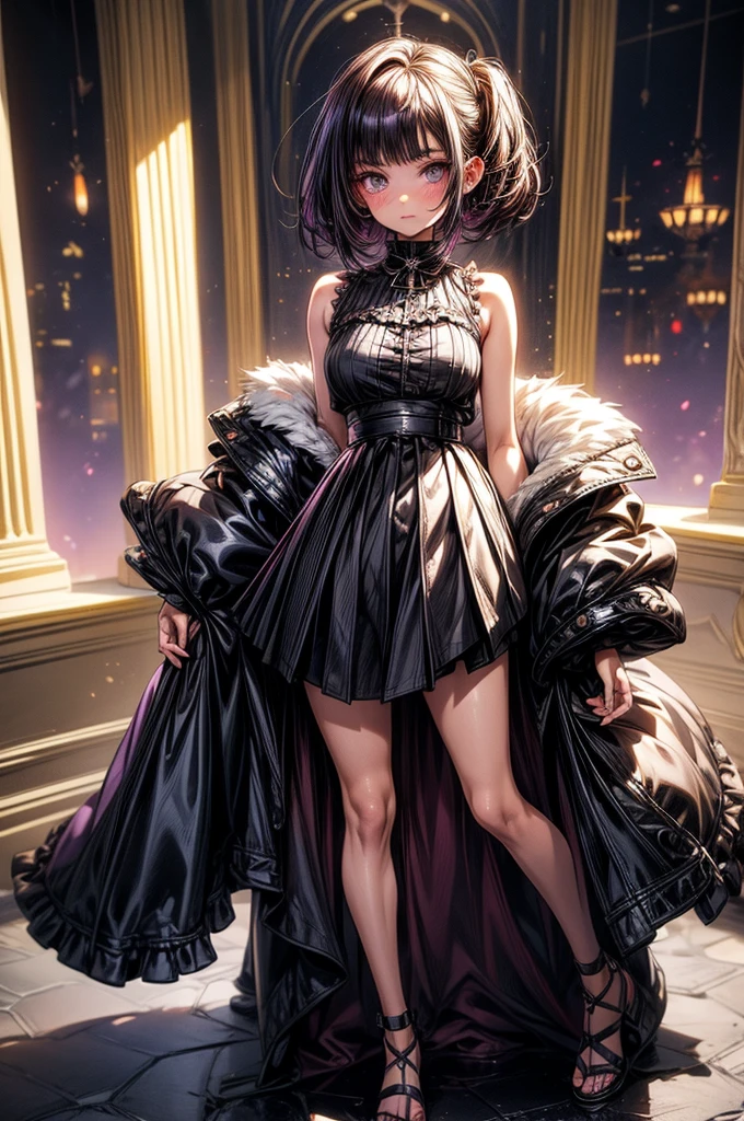 beautiful young anime girl, 16 years old, oval face, slender and toned hourglass body shape, sharp and noble facial features, arrogant and disdainful expression, classy opulent bedroom, sleeveless gothic white ruffled blouse, gothic pleated A-line mini-skirt flaring out behind her, tanned white skin, plump cherry pink lips, thin eyebrows, big round violet-colored eyes, sleek short sleek dark-violet hair with American Pixie cut and small bangs covering her forehead, narrow waist, small wide curvy hips protruding to large perky round ass, sandals, modest C-cup breast size, tall 175cm, full body image, standing straight, looking at camera, hip level shot, huge European castle background, best quality