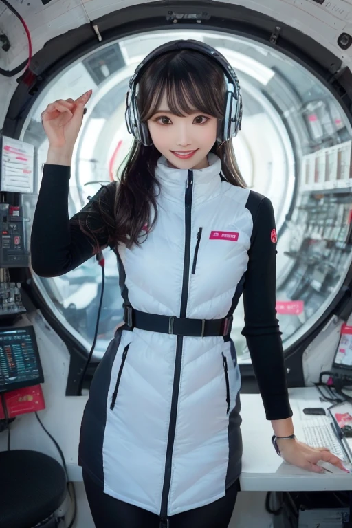 masterpiece, Highest quality, Very detailed, 8K Portrait,Japanese Android Girl,plump , Control panel,Robotic arms and legs, Blunt bangs,,break (Metallic Gray, Metallic luster, Mirror finish, Astro Best):5,headphone:5,break (Black sleeves):100,Smart Watches,Futuristic space station,Control Room,break headphone,blue eyes,(Black Hair):2,(Long Hair):1.3,Displaying the viewer,(respirator),break blush:3,Hidden Hand,smile