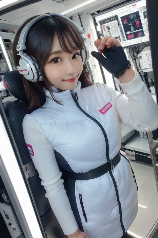 masterpiece, Highest quality, Very detailed, 8K Portrait,Japanese Android Girl,plump , Control panel,Robotic arms and legs, Blunt bangs,,break (Metallic Gray, Metallic luster, Mirror finish, Astro Best):5,headphone:5,break (Black sleeves):100,Smart Watches,Futuristic space station,Control Room,break headphone,blue eyes,(Black Hair):2,(Long Hair):1.3,Displaying the viewer,(respirator),break blush:3,Hidden Hand,smile