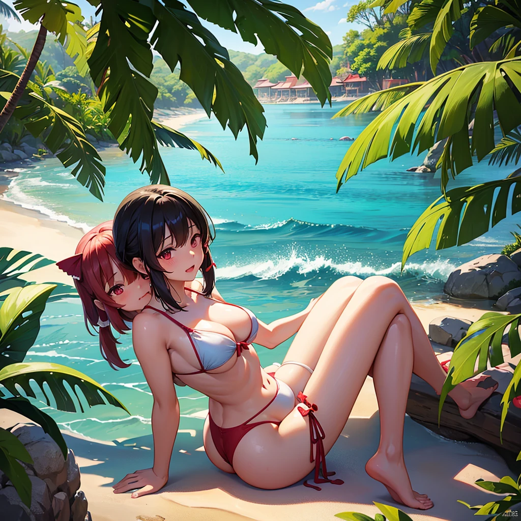 A beautiful view of Youmu Konpaku and Reimu Hakurei, both sitting on a banana in the beach. They are wearing wet bikinis and their bodies are pressed together. They are kissing each other and their lips are locked together while a ???? is in middle of her mouths