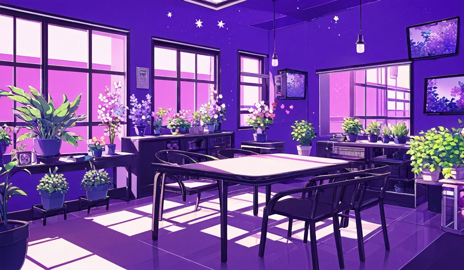 kawaii, flower, indoors, no humans, window, shadow, chair, plant, purple background, computer, halftone, purple theme, monitor, vase, screen, anime screencap style, sparkle effects,

