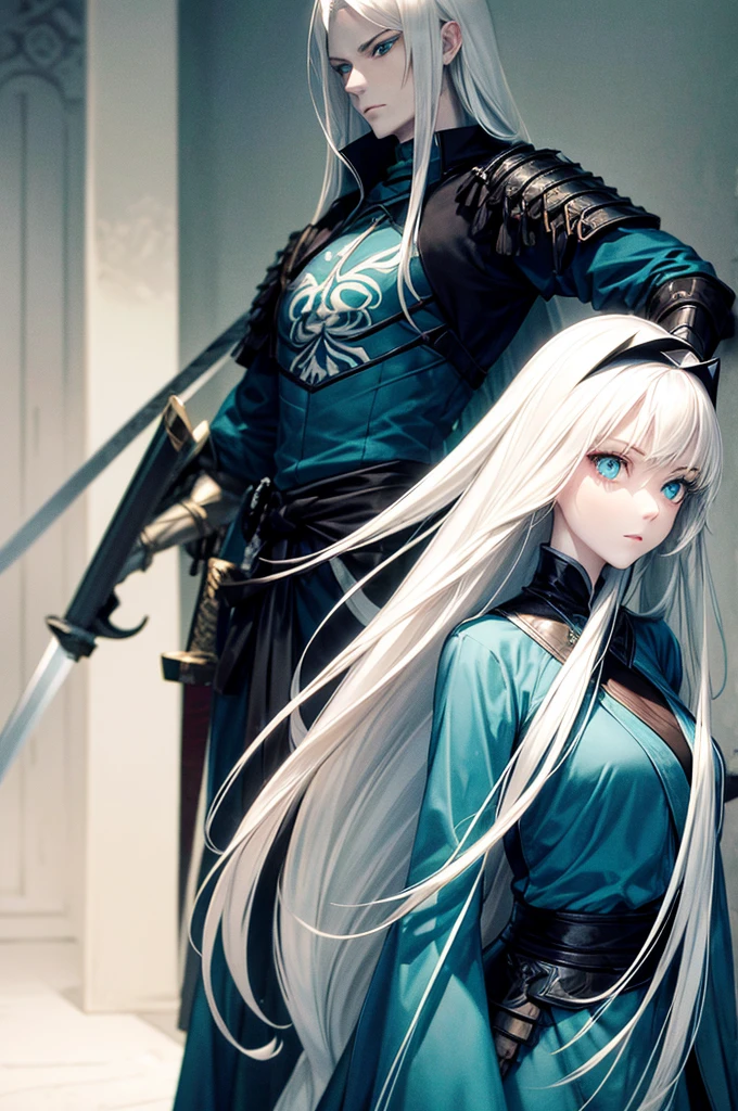 A pale-skinned woman, very long white hair, blue green cat eyes !!! very long katana, armure en plaque sexy noir !!! {{{{head of'artwork}}}}, {{{super detailed}}}, {{{high resolution}}}, {{good anatomy}}, (((best quality))), ((an extremely delicate and beautiful)), {{an extremely detailed and delicate}}, {Background'8k cg screen}, {{illustration}}
