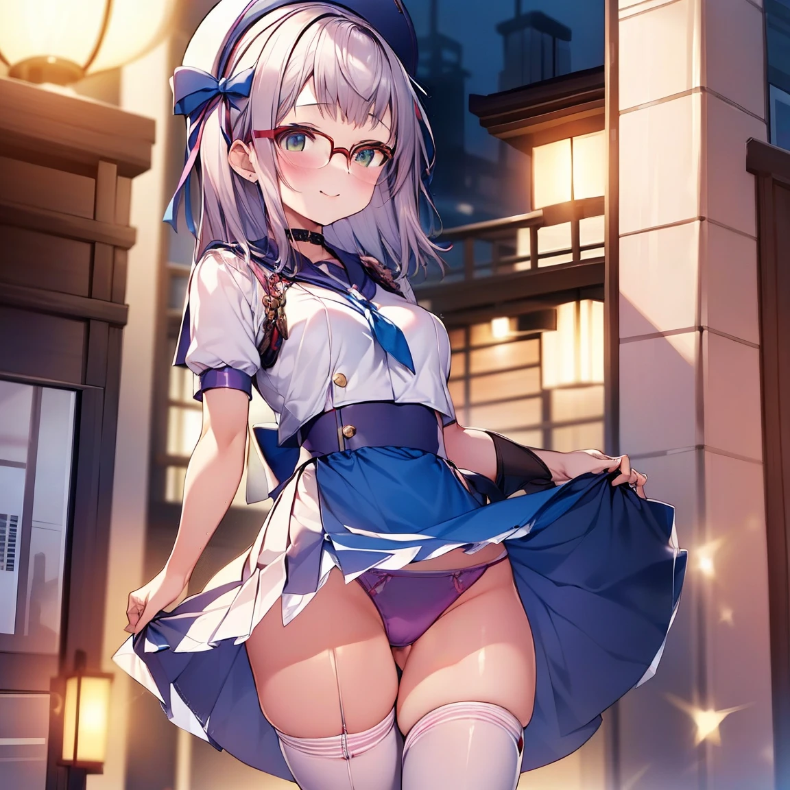 8K、masterpiece、Japanese、Woman wearing glasses、Neon(nod)、from the front、smile、Childish、Small breasts、See-through underwear、night、Bedroom、Show your underwear、mini skirt