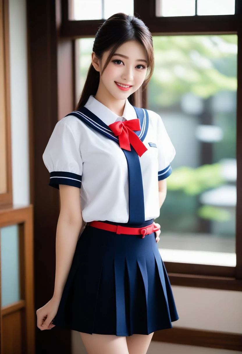 8K, Ultra-high resolution, Highest quality, masterpiece, 三分割法によるphotograph,Surreal, photograph, 1 girl, (16 years old:1.3), pretty girl, Cute face, Beautiful eyes in every detail, 細かくdetailedに,masterpiece,, One Girl:1.2, Japan Female Announcer,whole body、Black Hair、well-groomed eyebrows、Cute Lip Makeup、Calm atmosphere、A short-sleeved shiny dark sailor suit、White sailor collar、Navy blue pleated skirt、Red ribbon、White Stockings、Standing by the window of a classroom、Cute gestures、so beautiful,A carefree smile,Healing the heart,ponytail,Looking at the audience、beauty,Long neck、Laugh a little、Please close your mouth and laugh、(((Ideal body type))),A-cup small breasts :2,、Portraiture:2、Perfect Anatomy、鮮明なdetailed、detailed、Surreal、Light and shadow,Strong light