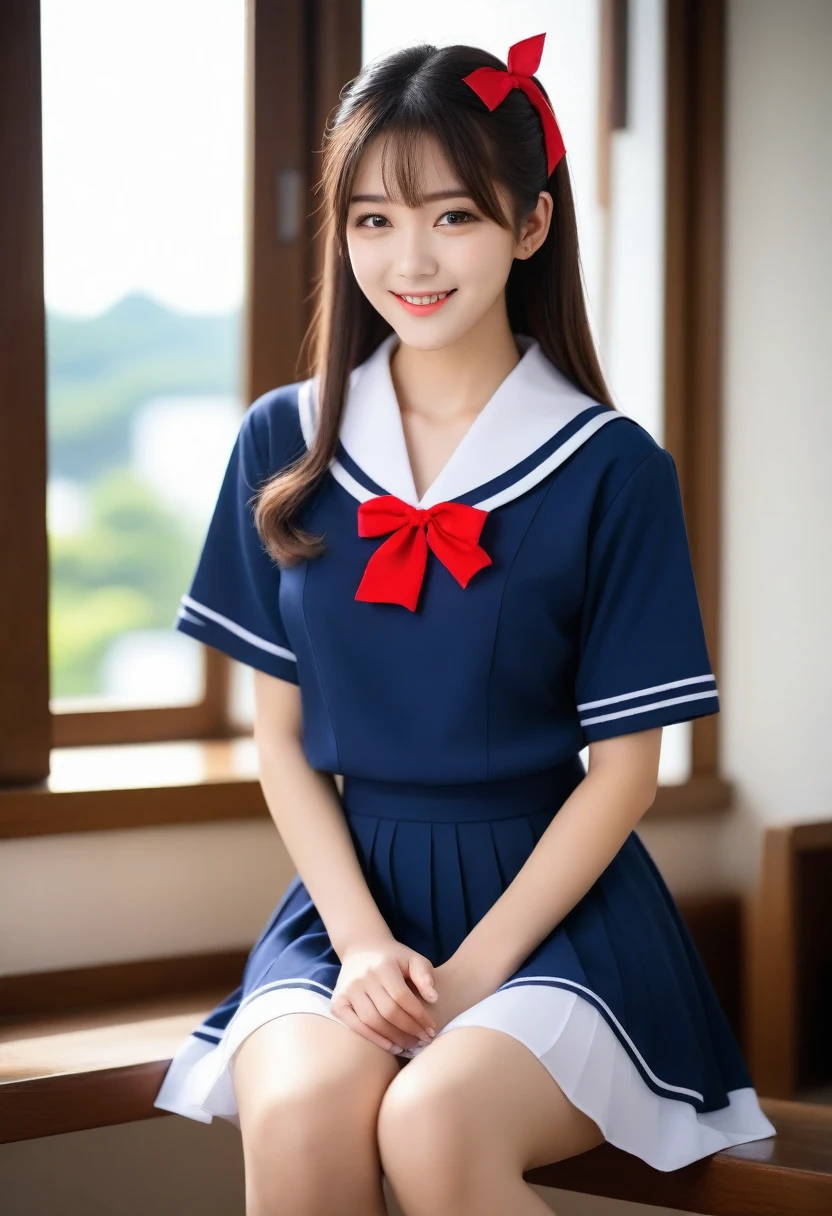 8K, Ultra-high resolution, Highest quality, masterpiece, 三分割法によるphotograph,Surreal, photograph, 1 girl, (:1.3), pretty girl, Cute face, Beautiful eyes in every detail, 細かくdetailedに,masterpiece,, One Girl:1.2, Japan Female Announcer,whole body、Black Hair、well-groomed eyebrows、Cute Lip Makeup、Calm atmosphere、A short-sleeved shiny dark sailor suit、White sailor collar、Navy blue pleated skirt、Red ribbon、White Stockings、Standing by the window of a classroom、Cute gestures、so beautiful,A carefree smile,Healing the heart,ponytail,Looking at the audience、beauty,Long neck、Laugh a little、Please close your mouth and laugh、(((Ideal body type))),A-cup small breasts :2,、Portraiture:2、Perfect Anatomy、鮮明なdetailed、detailed、Surreal、Light and shadow,Strong light