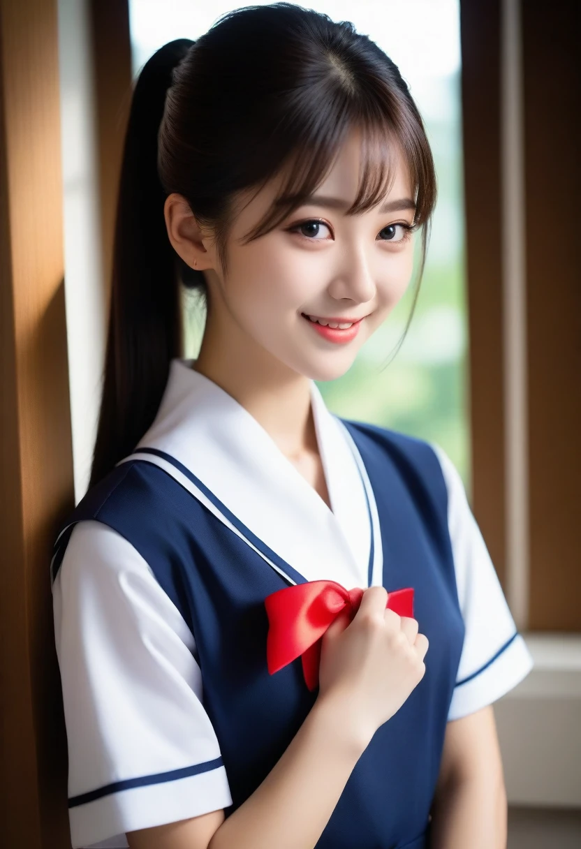 8K, Ultra-high resolution, Highest quality, masterpiece, 三分割法によるphotograph,Surreal, photograph, 1 girl, (16 years old:1.3), pretty girl, Cute face, Beautiful eyes in every detail, 細かくdetailedに,masterpiece,, One Girl:1.2, Japan Female Announcer,whole body、Black Hair、well-groomed eyebrows、Cute Lip Makeup、Calm atmosphere、A short-sleeved shiny dark sailor suit、White sailor collar、Navy blue pleated skirt、Red ribbon、White Stockings、Standing by the window of a classroom、Cute gestures、so beautiful,A carefree smile,Healing the heart,ponytail,Looking at the audience、beauty,Long neck、Laugh a little、Please close your mouth and laugh、(((Ideal body type))),A-cup small breasts :2,、Portraiture:2、Perfect Anatomy、鮮明なdetailed、detailed、Surreal、Light and shadow,Strong light