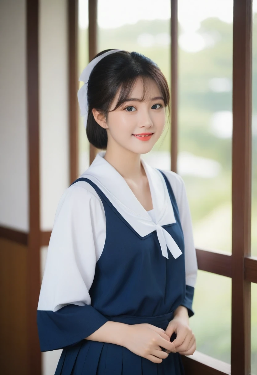 8K, Ultra-high resolution, Highest quality, masterpiece, 三分割法によるphotograph,Surreal, photograph, 1 girl, (:1.3), pretty girl, Cute face, Beautiful eyes in every detail, 細かくdetailedに,masterpiece,, One Girl:1.2, Japan Female Announcer,whole body、Black Hair、well-groomed eyebrows、Cute Lip Makeup、Calm atmosphere、A short-sleeved shiny dark sailor suit、White sailor collar、Navy blue pleated skirt、Red ribbon、White Stockings、Standing by the window of a classroom、Cute gestures、so beautiful,A carefree smile,Healing the heart,ponytail,Looking at the audience、beauty,Long neck、Laugh a little、Please close your mouth and laugh、(((Ideal body type))),A-cup small breasts :2,、Portraiture:2、Perfect Anatomy、鮮明なdetailed、detailed、Surreal、Light and shadow,Strong light