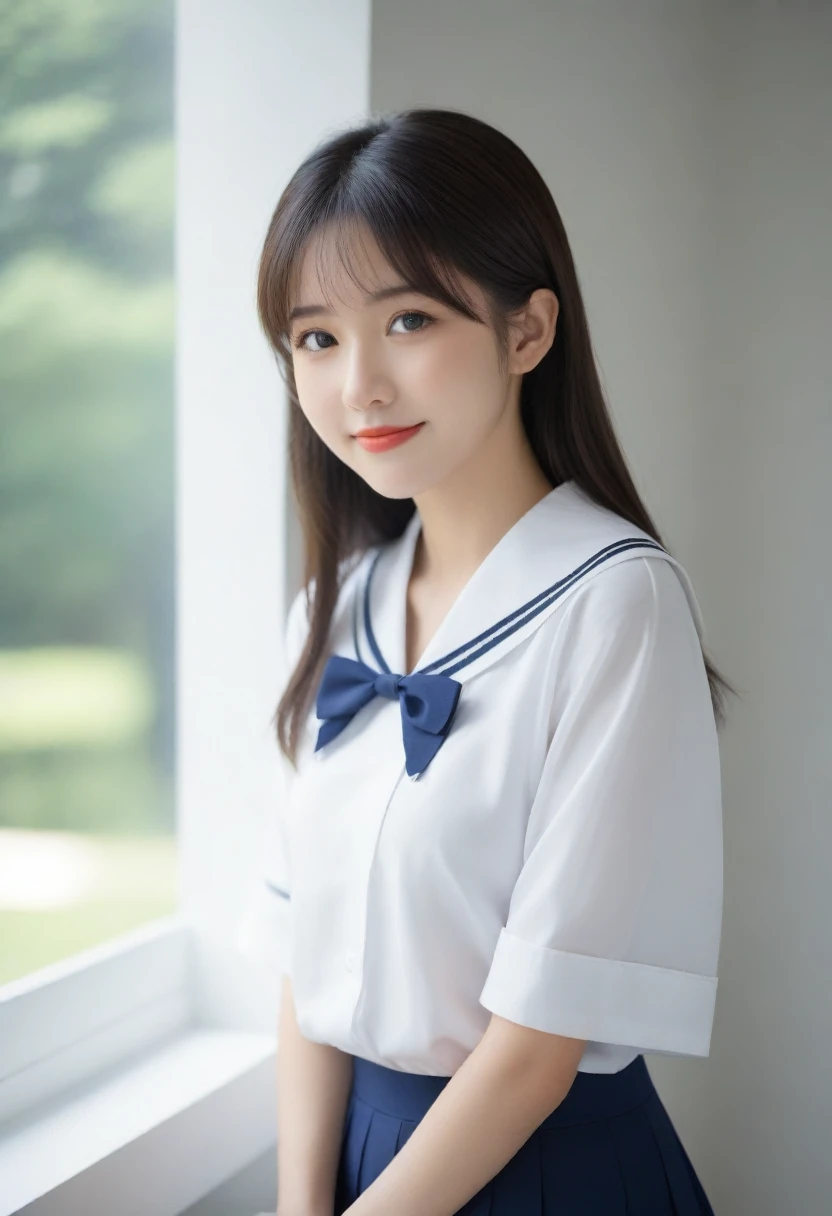 8K, Ultra-high resolution, Highest quality, masterpiece, 三分割法によるphotograph,Surreal, photograph, 1 girl, (16 years old:1.3), pretty girl, Cute face, Beautiful eyes in every detail, 細かくdetailedに,masterpiece,, One Girl:1.2, Japan Female Announcer,whole body、Black Hair、well-groomed eyebrows、Cute Lip Makeup、Calm atmosphere、A short-sleeved shiny dark sailor suit、White sailor collar、Navy blue pleated skirt、Red ribbon、White Stockings、Standing by the window of a classroom、Cute gestures、so beautiful,A carefree smile,Healing the heart,ponytail,Looking at the audience、beauty,Long neck、Laugh a little、Please close your mouth and laugh、(((Ideal body type))),A-cup small breasts :2,、Portraiture:2、Perfect Anatomy、鮮明なdetailed、detailed、Surreal、Light and shadow,Strong light