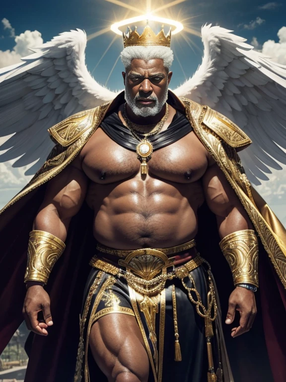 Hyperrealistic image of an old man over 79 years old African American superhero angel king holy imperial warrior with gray hair with a huge crown of gold and gems and a halo of light with rays on his head super heavy and very fat very handsome bodybuilder with huge flabby pecs and very large and pointed nipples very sweaty in a sky of very white clouds wearing only a Roman skirt of leather and gold and a velvet cape over the shoulders with an ermine collar