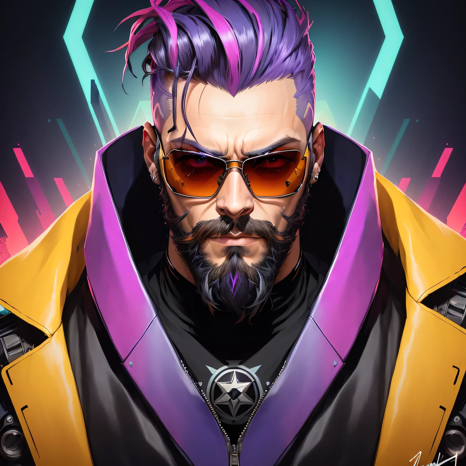 man with beard and sunglasses, cyberpunk art, funk art, stunning gradient colors, Stylized portrait H 704, Pompadour, a twitch streamer, cool colors. insanely detailed, t-800, signature without watermark, in rich color, overtake