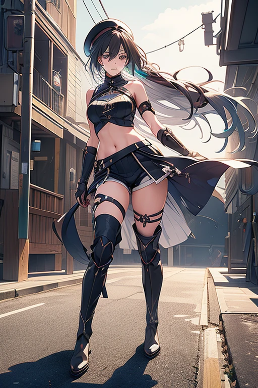ubel,dark green hair,long hair,side ponytail,hair between eyes,bangs, BREAK (beret, black jacket, open clothes, cleavage, midriff, black shorts, black thighhighs, thigh strap, fingerless gloves, single glove:1.2), Photo,sharpness, F1.6 lens,hyper-realistic textures,spectacular light textures, Cinestil 800 Fashion Mechanics,(((Beautiful woman with left leg restrained and hung by chains))),Appearance,Beautiful girl with accentuated slender abs: 1.1,six-pack abs: 1.1, Bust Botox,Standing on tiptoe, long legs,Long brown hair fluttering in the wind,Brown hair, Long hair, Female Warrior Costume,(No panties,No bra),(tacticul battle fashion,elbow and knee tacticul battle fashion, battle glove: 1.1),((cute batre costume)),The belly comes out and the navel is visible,Thin sheer costume, combat gloves,shredded costumes,cyber long combat boots with golden knee pads,Anatomical,(futuristic sci-fi battle fashion, new elbow and knee cyberpads, new cyberlong boots, new cybergloves: 1.1),(tied perfectly by iron chain), Restraint, Slave, collars, contempt, (Chained), 4 chains hung from heaven, Metallic shackles and fetters, wet crotch clearly visible,((Hands are restrained above the head)), the neck is chained,Chain from left knee to heaven,Chained by rusty iron chains,((the tip is protruding, areolas protruding,The shape of the pubic area is clearly visible:1.2)),Sweating,Wet,Wet crotch,Wet thighs,Junkyard, Realistic, (cute, perfect clothes, skimpy clothes, cute: 1.3) ,Vast miritary base in us,((wide mirtary hospital with summer sunlight)), peeling ceilings, Rebar between, Realistic material details, Extreme details, Ultra-realistic materials,narrow waist,(with sparkling eyes and a contagious smile:0.9),looking at viewer,