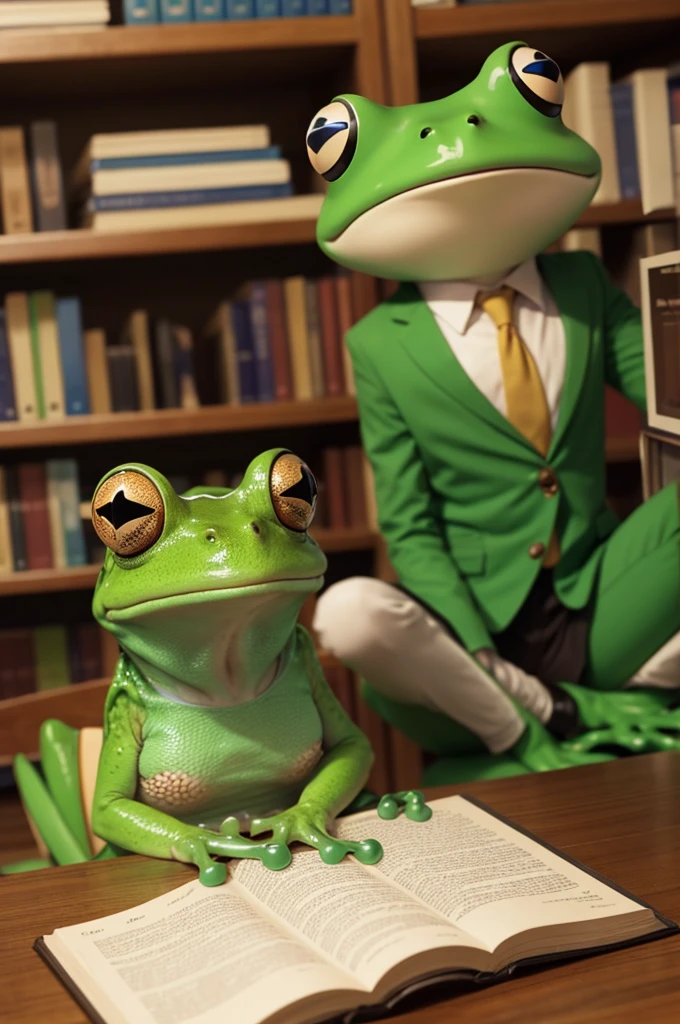 A frog wearing glasses taking care of the library 